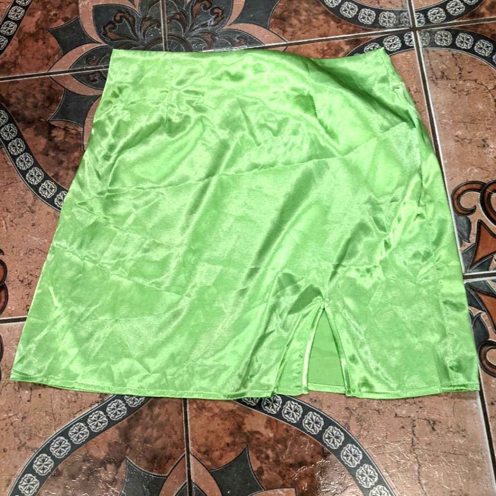 Bright lime green mini satin skirt with slit